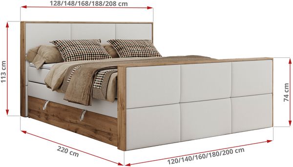 Doppelbett, Boxspringbett mit zwei Multipocket-Matratzen und ein Topper, Bettkästen, Eiche Wotan Holzrahmen, genähtes Kopfteil und Front - ALBERO 2 KING DUO - 140 x 200 cm - Weiß Kunstleder - H4 Bild 6