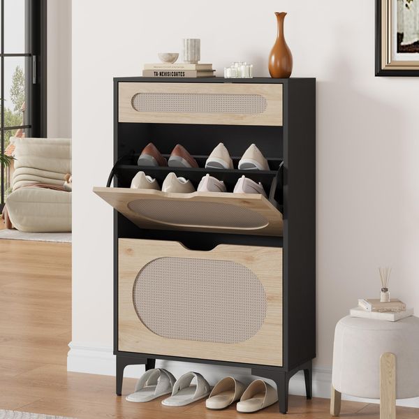 GarveeHome Schuhschrank Mit 2 Klappfächern Und 1 Schublade, Eingangsschrank Mit Rattanfront, Schuhschrank Mit Verstellbaren Einlegeböden, Für Flur Und Wohnzimmer, 60 x 23,9 x 101,6 cm