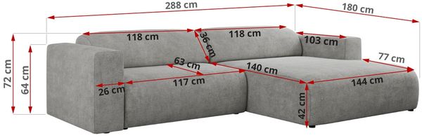 Ecksofa PASADENA, freistehendes Ecksofa, breite Armlehnen, Federsitz - links - Hellgrau Stoff Bild 8