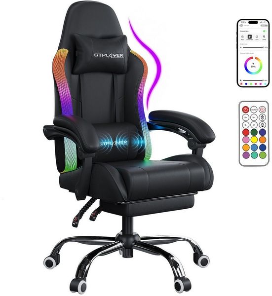 GTPLAYER Gaming-Stuhl Bürostuhl, Gaming Chair mit LED und Massgefunktion, Gamer Stuhl Gaming Chair mit Fernbedienung bis 150KG