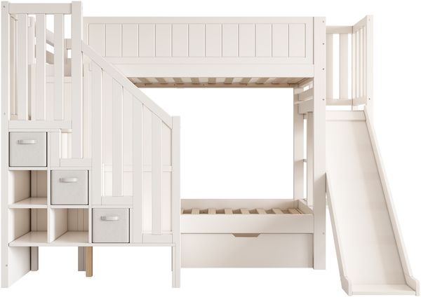 Merax Etagenbett, 90×200 cm Einzelbett Kinderbett Jugendbett mit Rutsche, Leiterschrank, große Schubladen & offenes Regal, Lattenrost, Weiß Bild 8