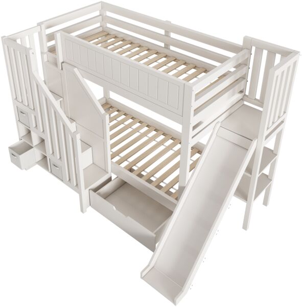 Merax Etagenbett, 90×200 cm Einzelbett Kinderbett Jugendbett mit Rutsche, Leiterschrank, große Schubladen & offenes Regal, Lattenrost, Weiß Bild 7