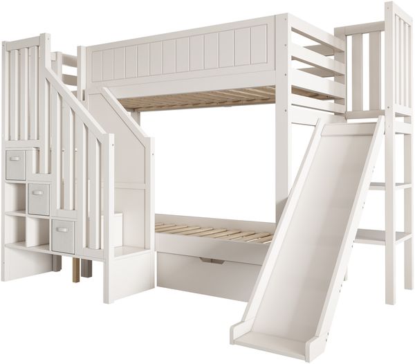 Merax Etagenbett, 90×200 cm Einzelbett Kinderbett Jugendbett mit Rutsche, Leiterschrank, große Schubladen & offenes Regal, Lattenrost, Weiß Bild 9
