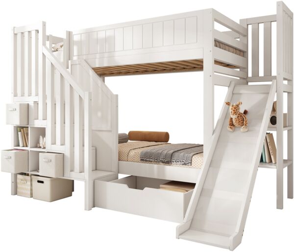 Merax Etagenbett, 90×200 cm Einzelbett Kinderbett Jugendbett mit Rutsche, Leiterschrank, große Schubladen & offenes Regal, Lattenrost, Weiß Bild 10