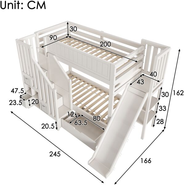 Merax Etagenbett, 90×200 cm Einzelbett Kinderbett Jugendbett mit Rutsche, Leiterschrank, große Schubladen & offenes Regal, Lattenrost, Weiß Bild 4