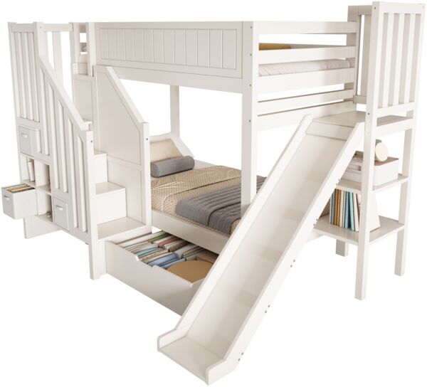 Merax Etagenbett, 90×200 cm Einzelbett Kinderbett Jugendbett mit Rutsche, Leiterschrank, große Schubladen & offenes Regal, Lattenrost, Weiß Bild 6