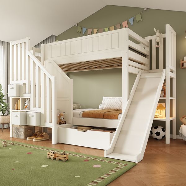 Merax Etagenbett, 90×200 cm Einzelbett Kinderbett Jugendbett mit Rutsche, Leiterschrank, große Schubladen & offenes Regal, Lattenrost, Weiß