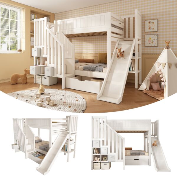 Merax Etagenbett, 90×200 cm Einzelbett Kinderbett Jugendbett mit Rutsche, Leiterschrank, große Schubladen & offenes Regal, Lattenrost, Weiß Bild 3