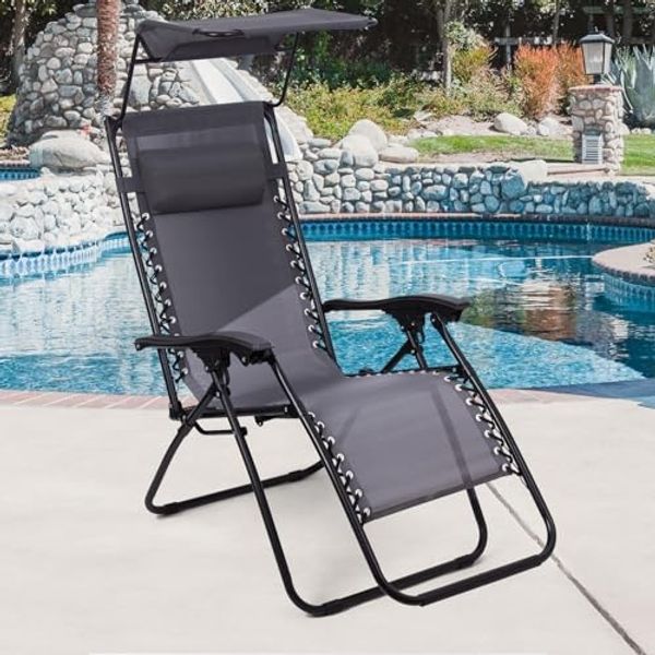 Todeco Liegestuhl klappbar mit Sonnenschutz, Sonnenstuhl mit abziehbare Kissen, Max Belastbarkeit 100kg, Strandliegestuhl leicht, Grau