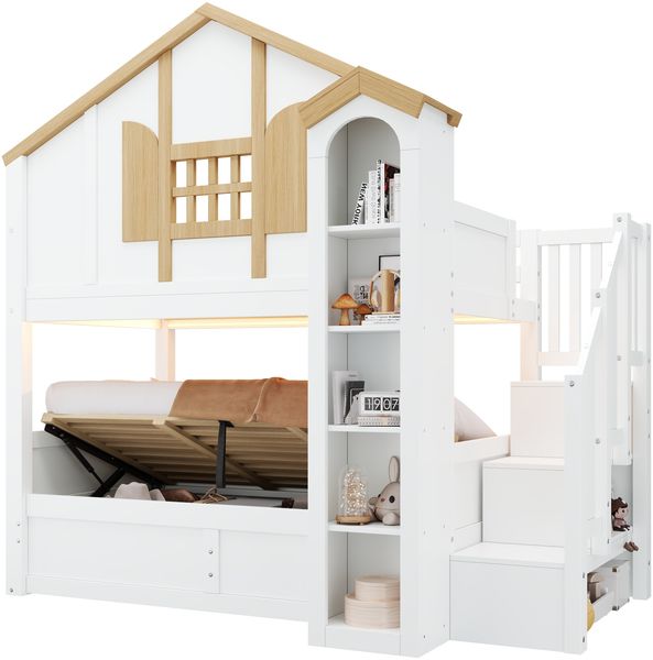 Merax Etagenbett, Kinderbett, 90*200cm, Holzbett, Hausbett mit hydraulischem Unterbett, Hochbett aus Massivholz, mit LED und Stauraumtreppe, Burgförmige Lagerung, weiß+Naturfarbe Bild 10