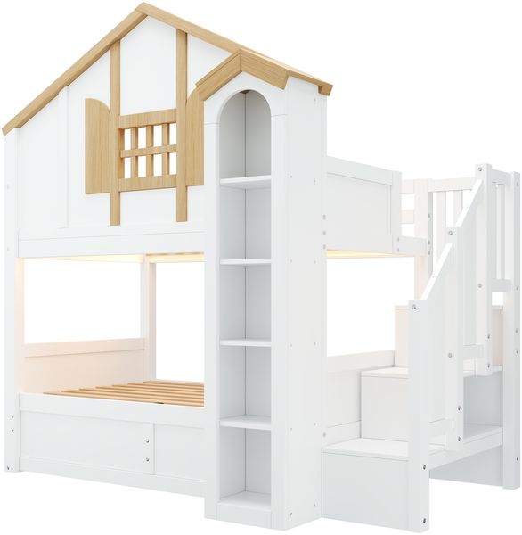 Merax Etagenbett, Kinderbett, 90*200cm, Holzbett, Hausbett mit hydraulischem Unterbett, Hochbett aus Massivholz, mit LED und Stauraumtreppe, Burgförmige Lagerung, weiß+Naturfarbe Bild 8