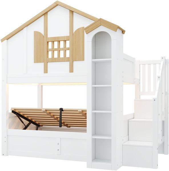 Merax Etagenbett, Kinderbett, 90*200cm, Holzbett, Hausbett mit hydraulischem Unterbett, Hochbett aus Massivholz, mit LED und Stauraumtreppe, Burgförmige Lagerung, weiß+Naturfarbe Bild 9
