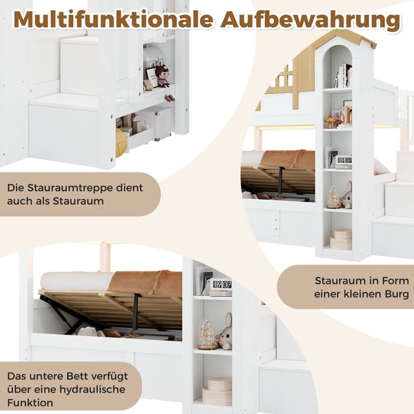 Merax Etagenbett, Kinderbett, 90*200cm, Holzbett, Hausbett mit hydraulischem Unterbett, Hochbett aus Massivholz, mit LED und Stauraumtreppe, Burgförmige Lagerung, weiß+Naturfarbe Bild 5
