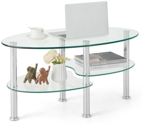 COSTWAY Couchtisch, Glastisch oval Wohnzimmertisch mit Stauraum 89 x 50 x 45 cm