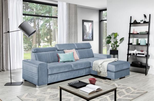 Ecksofa Schlafsofa NOLAN XS inkl. USB in Stoff Monolith Hellblau Ottomane Rechts