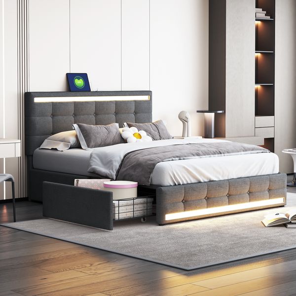 Grau Intelligentes LED Polsterbett 140x200 cm Mit App Steuerung Und 4 Schubladen Doppelbett Mit USB Anschlüssen Music Sync Modus