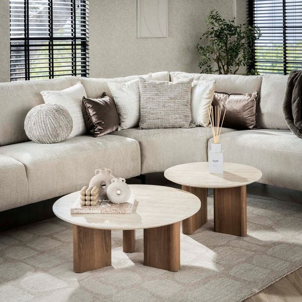 alesvelt Couchtisch Set ROMANO SCULTURA 2-teilige runde Satztische mit Panel-Beinen (2er-Set), 76x30 cm, 58x35 cm, Keramik, Travertin-Design, Eichenoptik