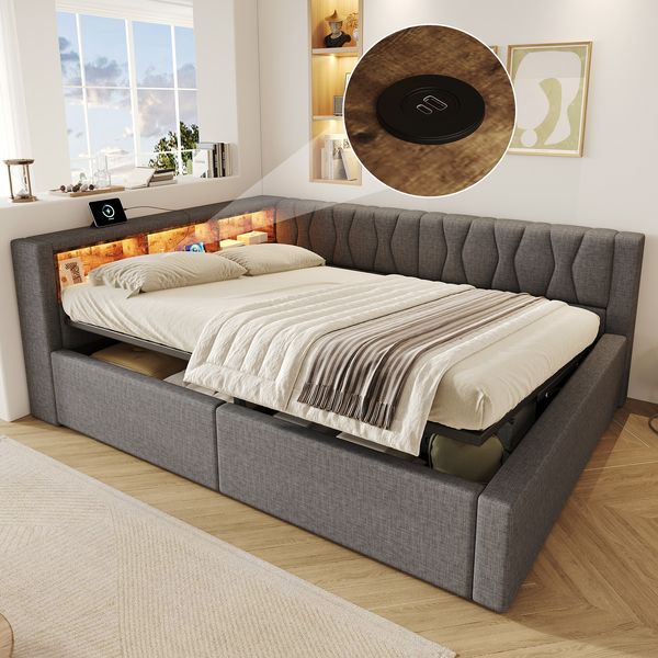 Merax Daybett, Doppelbett, Schlafsofa, 140x200 cm Polsterbett, Hydraulische Lagerung, mit dimmbarer LED-Leiste, mit praktischem Regal, mit USB-Anschluss, Ohne Matratze, Grau