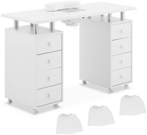 Physa Schminktisch Nageltisch Maniküretisch Nagelstudio 8 Schubladen Absaugung Räder Weiß, Weiß
