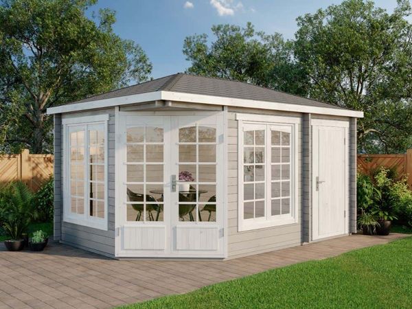 Alpholz 5-Eck Gartenhaus Josephine mit Anbau Gartenhaus aus Holz Holzhaus mit 40 mm Wandstärke Blockbohlenhaus mit Montagematerial