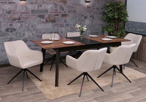 6er-Set Esszimmerstuhl HWC-O47, Küchenstuhl Armlehne, drehbar Auto-Return, Stoff/Textil (270g/m²) ~ cremeweiß
