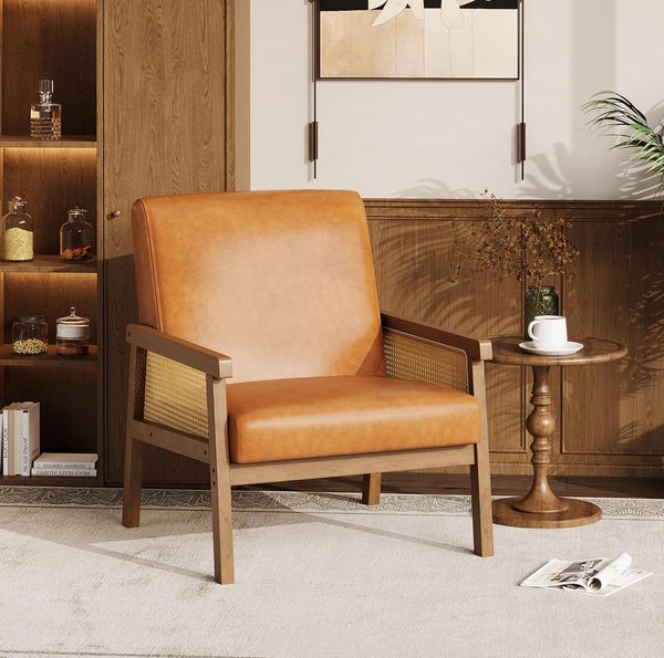 GarveeHome Sessel Mit Rattanseiten, Lounge-Sessel Aus Holzgestell, Gepolsterter Lesesessel Mit Rückenlehne Und Armlehnen, Für Wohnzimmer Und Schlafzimmer, 63,5 x 69 x 91,3 cm