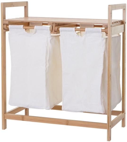 Wäschesammler HWC-B83, Laundry Wäschesortierer Wäschekorb Wäschebehälter, Bambus 2 Fächer 74x64x33cm 70l ~ weiß Bild 3