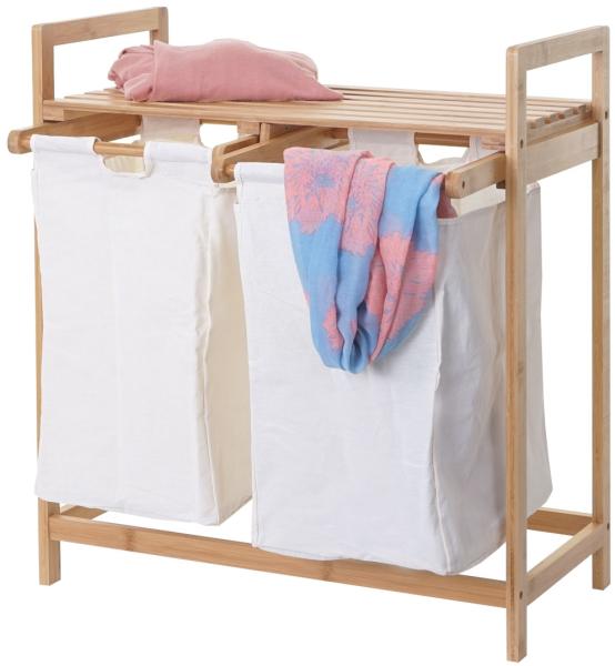Wäschesammler HWC-B83, Laundry Wäschesortierer Wäschekorb Wäschebehälter, Bambus 2 Fächer 74x64x33cm 70l ~ weiß
