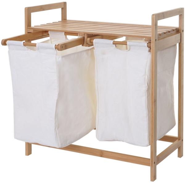 Wäschesammler HWC-B83, Laundry Wäschesortierer Wäschekorb Wäschebehälter, Bambus 2 Fächer 74x64x33cm 70l ~ weiß Bild 5