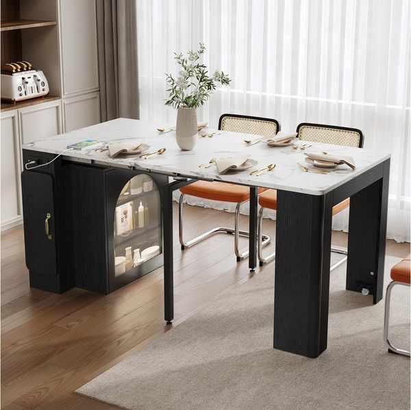 Flieks Kücheninsel mit Steckdosenleisten und LED-Beleuchtung inkl. ausziehbarer Esstisch, (Arbeitsplatte in Marmoroptik, 80x39,6-149,6 cm), Küchenschrank mit Glastüren & erweiterbar Tisch mit Rollen Schwarz
