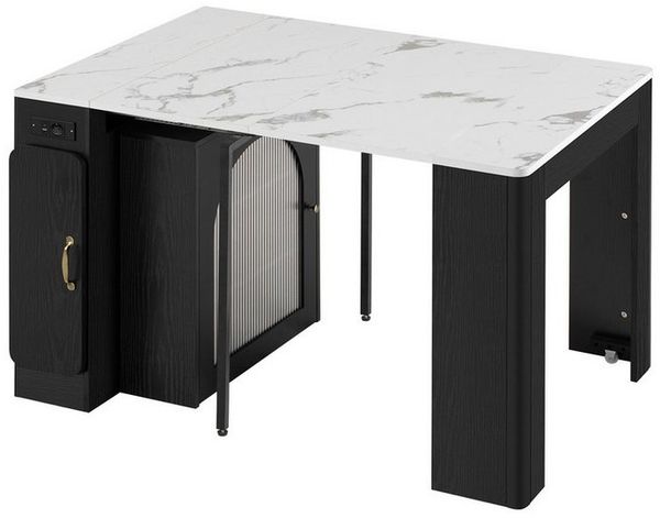 Flieks Kücheninsel mit Steckdosenleisten und LED-Beleuchtung inkl. ausziehbarer Esstisch, (Arbeitsplatte in Marmoroptik, 80x39,6-149,6 cm), Küchenschrank mit Glastüren & erweiterbar Tisch mit Rollen Schwarz Bild 4