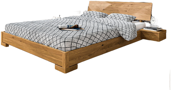Bett Bento 3 Sonderlänge 100x220 Wildeiche massiv mit Holzkopfteil und Holzbeine