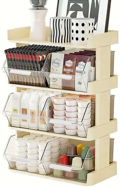 SURFOU Teebox 4-stöckiger Teebeutel-Organizer–Regal für Tee, Kaffee-Kapseln & Tassen, Kunststoff, (Mehrlagiger Theken-Organizer, Kaffeebar Tassenregal, Kaffeeregal, Kaffeebar-Zubehör, Kaffeetassenhalter, Platzsparendes Regal für Büro, Küche & Bar (42,5...