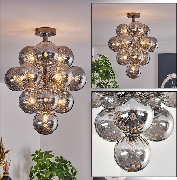 hofstein Deckenleuchte Deckenlampe aus Metall/Riffelglas in Schwarz/Rauchfarben, Deckenleuchte im Retro/Vintage-Design (Schirme Ø 12 cm), 13 x G9
