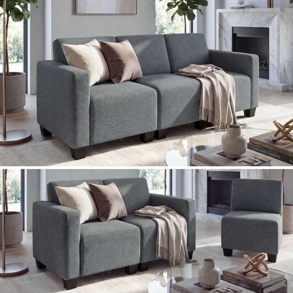 Modular 3-Sitzer Sofa Couch Lyon, Stoff/Textil ~ grau