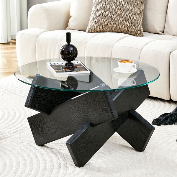 Couchtisch mit Glasplatte & Kreuzgestell, Ø 79x45 cm, Schwarz/Transparent