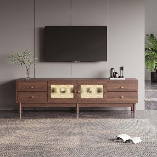 TV-Schrank in dunkler Holzoptik mit Rattantüren, geeignet für Fernseher bis 80 Zoll, mit 4 Schubladen & 2 Türen