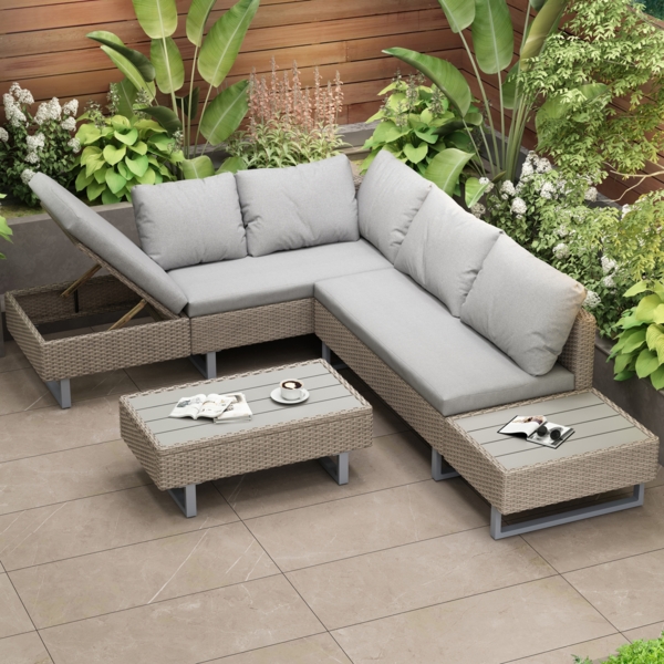 Merax Rattan Gartenmöbel Set für 4-5 Personen, Balkonmöbel Terassenmöbel Set mit Gartentisch, Gartenlounge Set 3 Teilig, Verstellbar Sofa, Khaki