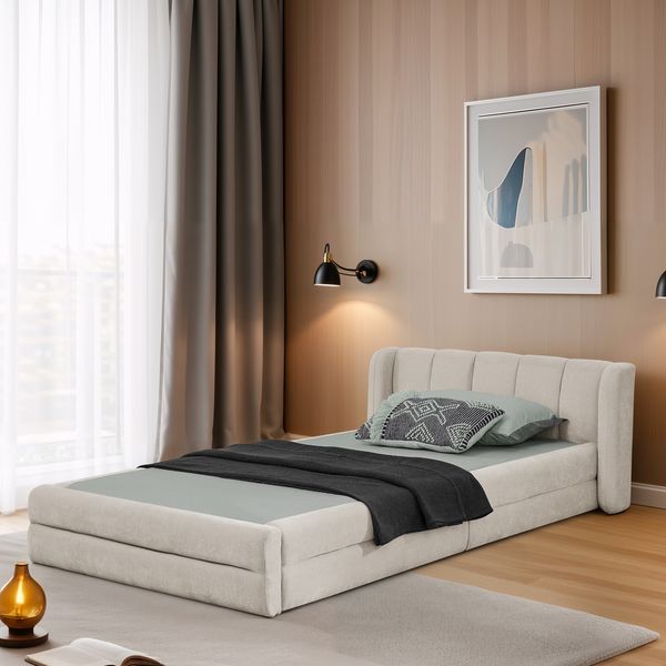 Einzelbett 90x200 cm aus Chenille mit gepolstertem Kopfteil, Beige