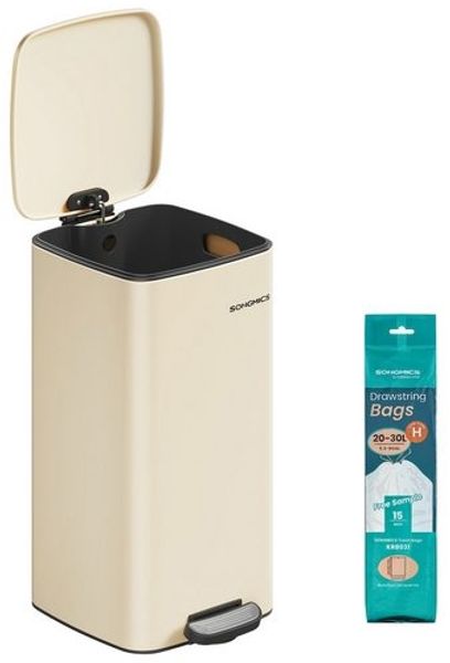 SONGMICS Mülleimer Küche, 30 Liter Abfalleimer, Tretmülleimer, Stahl, mit Inneneimer, Softclose, Offenhaltefunktion, beige