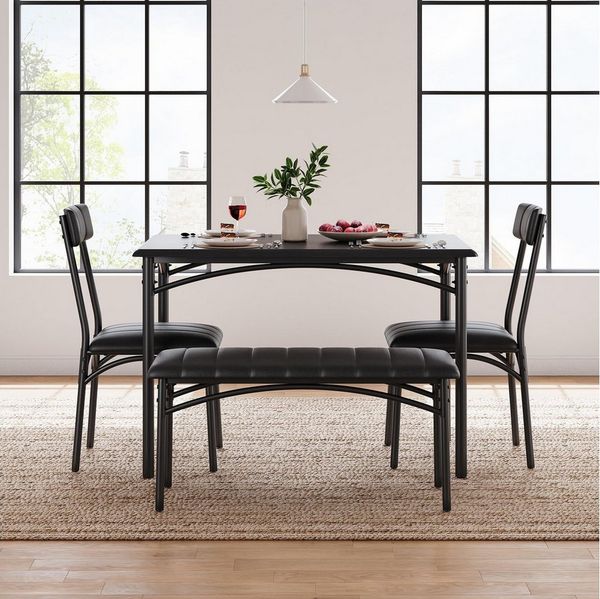 GarveeMore Essgruppe Essgruppe für 4 Personen Esstisch, gepolsterter Bank und 2 Stühlen, Tisch: 70 x 110 x 76 cm Stuhl: 48 x 43 x 86 cm Bank: 30 x 90 x 47.5 cm