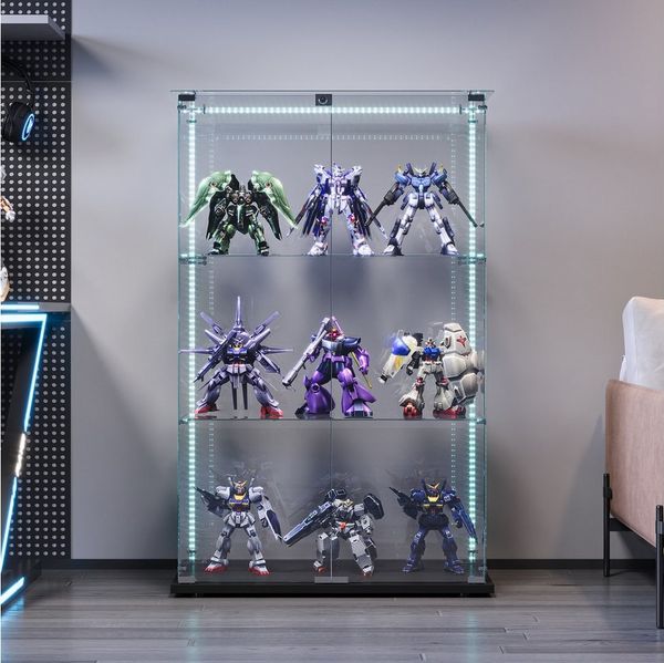 FUROKOY Glasvitrine Standvitrinen, Vitrine aus gehärtetem Glas (Set, 1-St, Vitrinenschrank mit 2 Glastür und Lichtleiste für Sammler, Bücher) Schwarz 3 Lagen Sammlervitrine