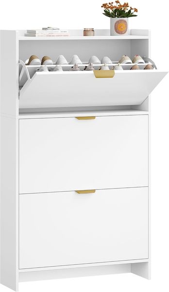 Schuhschrank mit 3 Klappen, Schmal, Verstellbar, 18-24 Paar, Holz Weiß, 24 x 76 x 138 cm