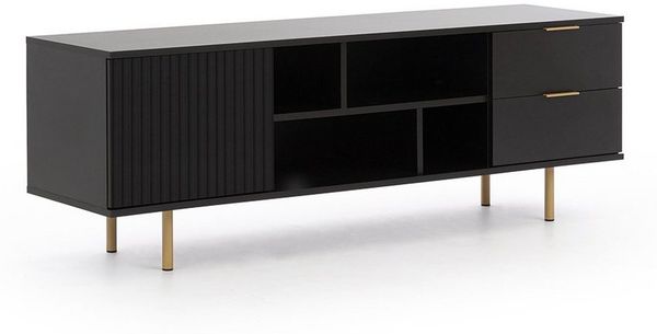 Lomadox Lowboard NADOR-132, 150cm breit, matt schwarz, goldfarbene Metallgriffe und -füße