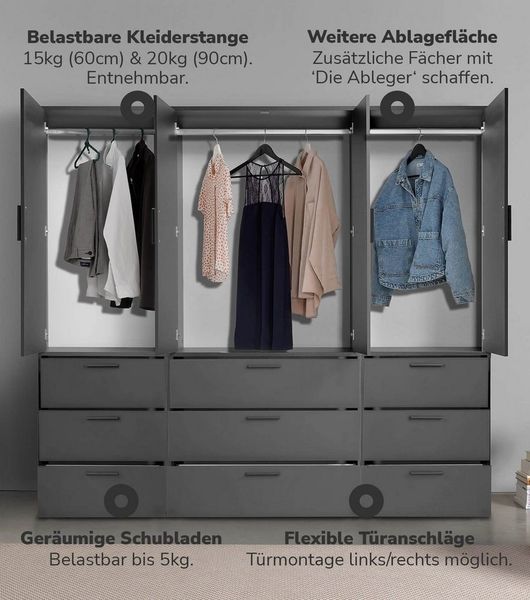 mokebo Kleiderschrank Der Grenzenlose (4-Türig & 9 Schubladen) Garderobenschrank, Schlafzimmerschrank oder Schrank groß in Schwarz