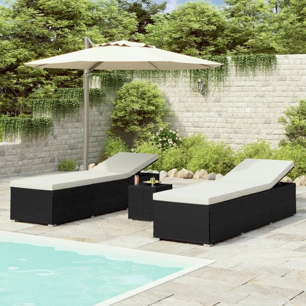 3-tlg. Garten-Sonnenliegen, Gartenmöbel mit Teetisch Poly Rattan Schwarz