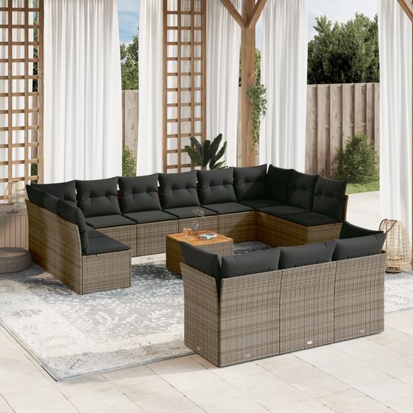 vidaXL 14-tlg. Garten-Sofagarnitur mit Kissen Grau Poly Rattan 3256256