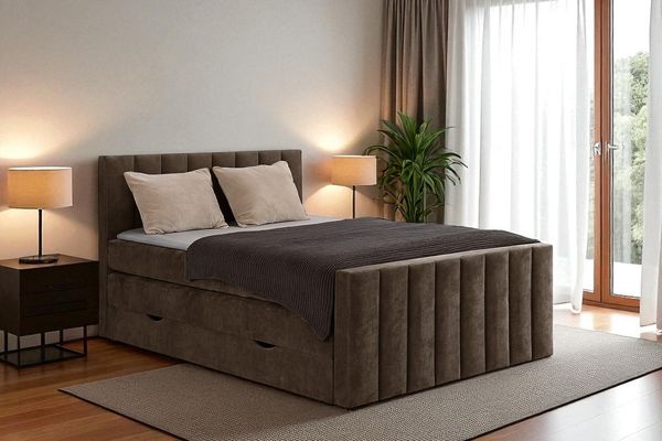 MEBLINI King Boxspringbett VARANO 180x200 cm mit Bettkasten – H3/Braun Samt Polsterbett - Gepolstert Doppelbett mit Matratze und Topper - Polsterbett mit Stauraum - Bett mit Kopfteil – Stauraumbett