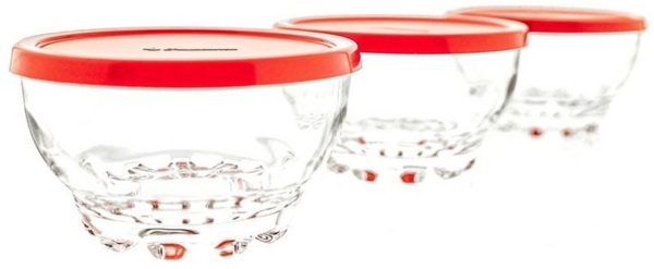 Pasabahce Schale Glasschalen mit rotem Deckel – 105 mm – 3er-Set, Glas, (3-tlg)