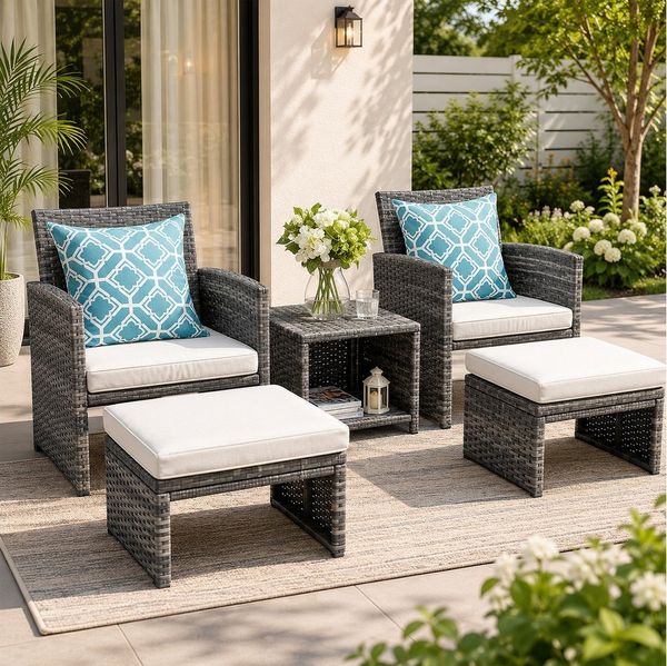 JOIVI Balkonset Balkonmöbel-Set, 5-tlg Rattan Gartenmöbel-Set, (2er Gartensessel mit Beistelltisch&Hocker,Gartensitzgruppe inkl), Sitzkissen&Rückenkissen, Gartensofa Set für Garten Indoor Balkon, Weiß